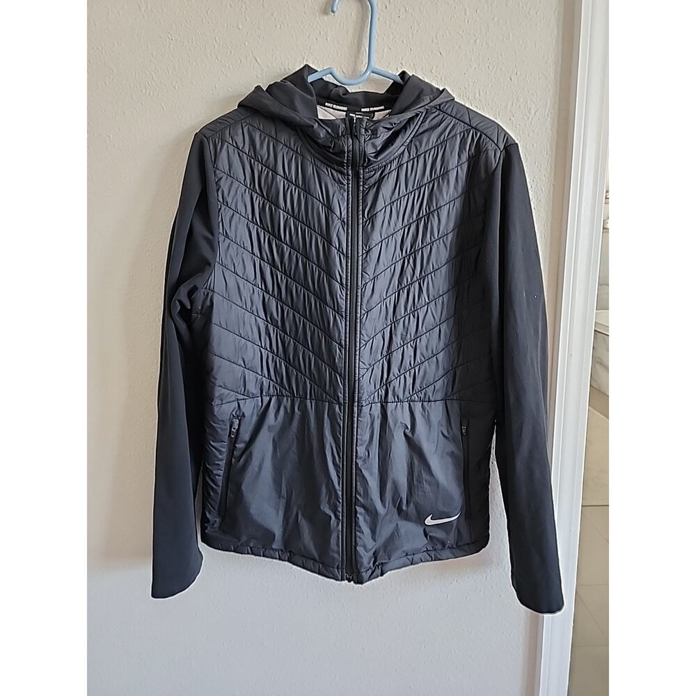 Nike Aerolayer Running Jacket Hooded Black Full Zip M Quilted Wind AH0544-010